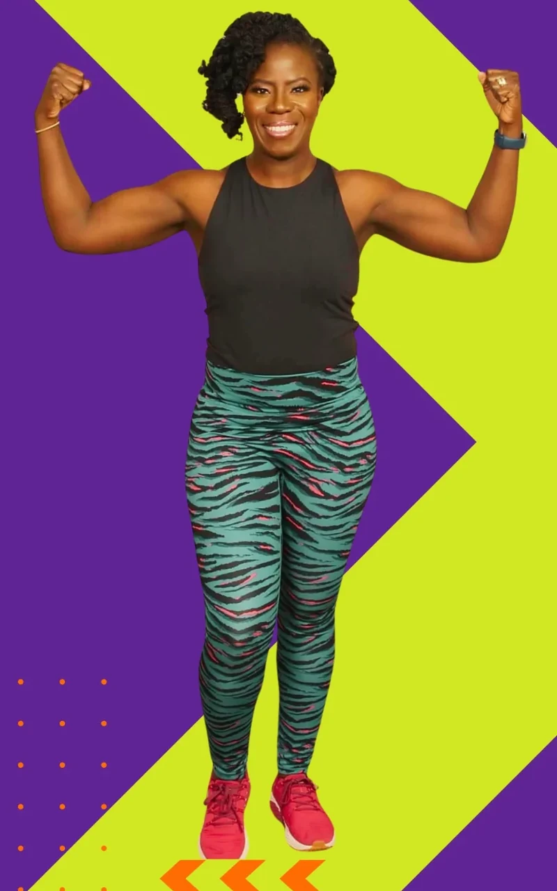 Safietou D. Russell in workout gear with both arms flexed, in SDR Fitness & Dance branding